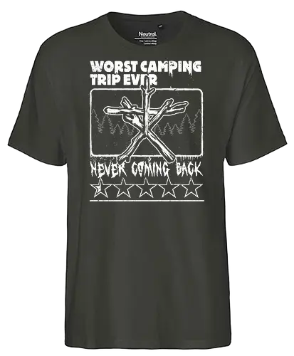 Horror Movie Witch Camping - Found Footage, Nostalgia, Nostalgic, Witch, Forest, Forest Spirit, Spirit, Hiking, Camping, Horror, Classic Horror, Horror Movies, Nostalgic Horror, 90s, 90s Movies, 90's, Halloween, Spooky, Spooky Season, Scary, Creepy, Retro Vintage, Vintage, Retro, Old Movies, Monsters, Monster, Wood, Wooden, Stick, Magic, Magical, Ritual, Symbol - Fairtrade T-Shirt