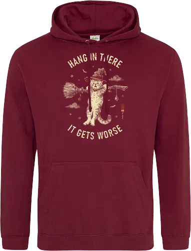 Hang In There, It Gets Worse - sarcasm, hang in there, cat, halloween, funny, vintage, retro, japanese, quote, witch, witch cat, dark humor, sarcastic, art print, broomstick, demotivational - Standard Hoodie