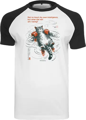 What The Hell Am I Doing? - cat, sarcasm, funny, vintage, retro, japanese, quote, float, funny cat, existential dread, relatable humor, art print, sarcastic, confuse, mood - Raglan T-Shirt