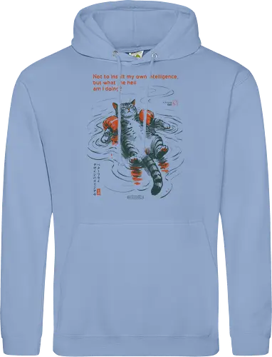 What The Hell Am I Doing? - cat, sarcasm, funny, vintage, retro, japanese, quote, float, funny cat, existential dread, relatable humor, art print, sarcastic, confuse, mood - Standard Hoodie