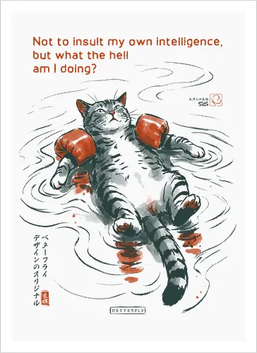 What The Hell Am I Doing? - cat, sarcasm, funny, vintage, retro, japanese, quote, float, funny cat, existential dread, relatable humor, art print, sarcastic, confuse, mood - Kunstdruck