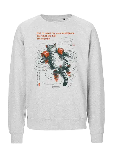 What The Hell Am I Doing? - cat, sarcasm, funny, vintage, retro, japanese, quote, float, funny cat, existential dread, relatable humor, art print, sarcastic, confuse, mood - Fairtrade Sweatshirt