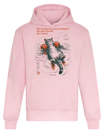 What The Hell Am I Doing? - cat, sarcasm, funny, vintage, retro, japanese, quote, float, funny cat, existential dread, relatable humor, art print, sarcastic, confuse, mood - Heavyweight Hoodie