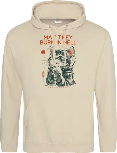 May They Burn in Hell - cat, funny, vintage, retro, japanese, quote, dark humor, praying, funny cat, cat lover, sarcastic quote, art print, cute cat, revenge, mood - Standard Hoodie