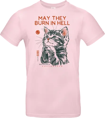 May They Burn in Hell - cat, funny, vintage, retro, japanese, quote, dark humor, praying, funny cat, cat lover, sarcastic quote, art print, cute cat, revenge, mood - Standard T-Shirt