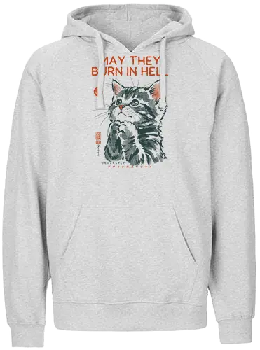 May They Burn in Hell - cat, funny, vintage, retro, japanese, quote, dark humor, praying, funny cat, cat lover, sarcastic quote, art print, cute cat, revenge, mood - Fairtrade Hoodie