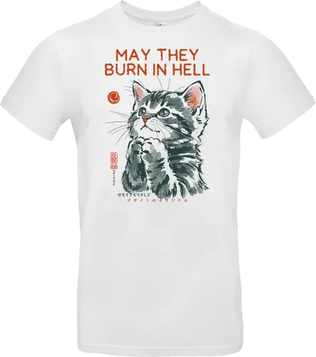 May They Burn in Hell - cat, funny, vintage, retro, japanese, quote, dark humor, praying, funny cat, cat lover, sarcastic quote, art print, cute cat, revenge, mood - Standard T-Shirt