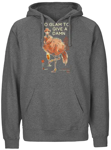 To Glam To Give a Damn - ostrich, funny, vintage, retro, japanese, quote, glam, champagne, fabulous, sassy, art print, funny bird, attitude, sunglasses, mood - Fairtrade Hoodie