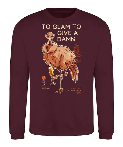 To Glam To Give a Damn - ostrich, funny, vintage, retro, japanese, quote, glam, champagne, fabulous, sassy, art print, funny bird, attitude, sunglasses, mood - Sweatshirt