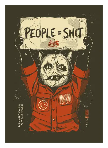 People = Shit - cat, funny, vintage, retro, japanese, metal, Metal, parody, heavy metal, dark humor, art print, funny cat, mask, sarcastic, mood - Kunstdruck