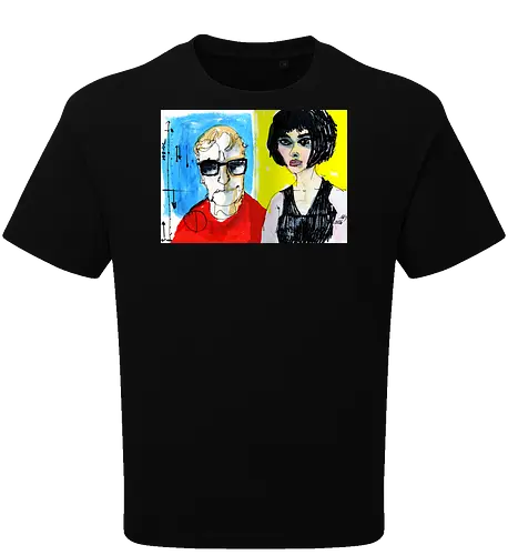 Zwei Blicke - Manfred Schloesser, Urban Sketching, Tuschezeichnung, Ink Sketch, Aquarell Kunst, Expressive Art, Modern Portrait, Grafik Design, Contemporary Art, Galerie Shirt, Primärfarben, Kontrast, Linienkunst, Line Art Portrait. - Oversize T-Shirt