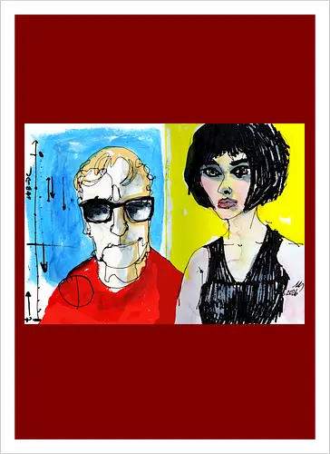 Zwei Blicke - Manfred Schloesser, Urban Sketching, Tuschezeichnung, Ink Sketch, Aquarell Kunst, Expressive Art, Modern Portrait, Grafik Design, Contemporary Art, Galerie Shirt, Primärfarben, Kontrast, Linienkunst, Line Art Portrait. - Kunstdruck