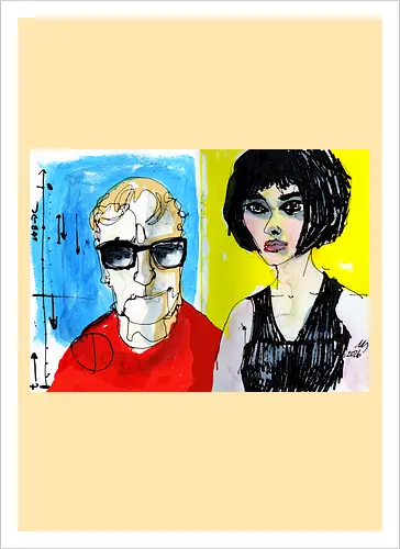 Zwei Blicke - Manfred Schloesser, Urban Sketching, Tuschezeichnung, Ink Sketch, Aquarell Kunst, Expressive Art, Modern Portrait, Grafik Design, Contemporary Art, Galerie Shirt, Primärfarben, Kontrast, Linienkunst, Line Art Portrait. - Kunstdruck