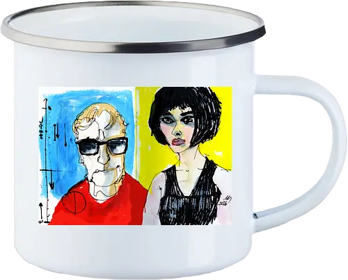 Zwei Blicke - Manfred Schloesser, Urban Sketching, Tuschezeichnung, Ink Sketch, Aquarell Kunst, Expressive Art, Modern Portrait, Grafik Design, Contemporary Art, Galerie Shirt, Primärfarben, Kontrast, Linienkunst, Line Art Portrait. - Emailletasse