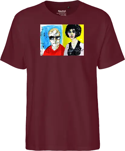 Zwei Blicke - Manfred Schloesser, Urban Sketching, Tuschezeichnung, Ink Sketch, Aquarell Kunst, Expressive Art, Modern Portrait, Grafik Design, Contemporary Art, Galerie Shirt, Primärfarben, Kontrast, Linienkunst, Line Art Portrait. - Fairtrade T-Shirt
