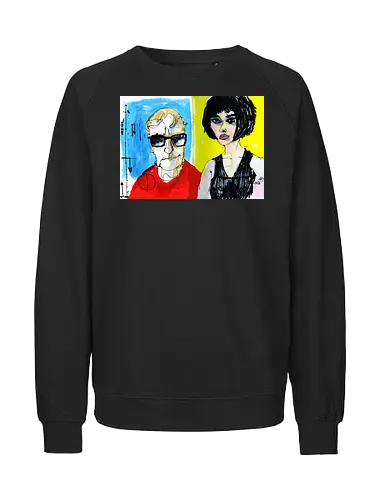 Zwei Blicke - Manfred Schloesser, Urban Sketching, Tuschezeichnung, Ink Sketch, Aquarell Kunst, Expressive Art, Modern Portrait, Grafik Design, Contemporary Art, Galerie Shirt, Primärfarben, Kontrast, Linienkunst, Line Art Portrait. - Fairtrade Sweatshirt