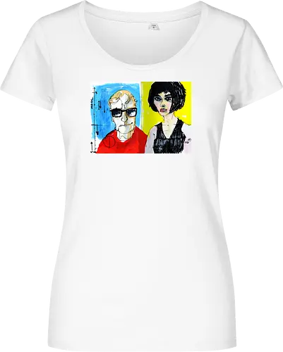 Zwei Blicke - Manfred Schloesser, Urban Sketching, Tuschezeichnung, Ink Sketch, Aquarell Kunst, Expressive Art, Modern Portrait, Grafik Design, Contemporary Art, Galerie Shirt, Primärfarben, Kontrast, Linienkunst, Line Art Portrait. - Damen T-Shirt