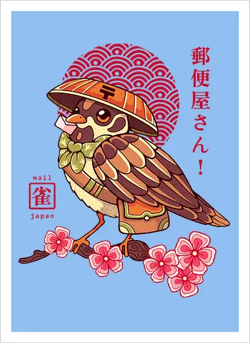 POST BIRD - japan, japanese, bird, sakura, cherry blossom, floral, cultural, post mail - Kunstdruck