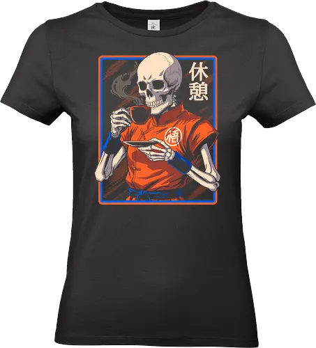 Coffee Break - skeleton, horror, coffee, chinese, asia, oriental, vintage, gothic, dark, skull, culture, cafe, illustration, macabre, spooky, retro, creepy, bones, warrior, halloween - Standard T-Shirt (Frauen)