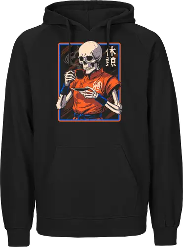 Coffee Break - skeleton, horror, coffee, chinese, asia, oriental, vintage, gothic, dark, skull, culture, cafe, illustration, macabre, spooky, retro, creepy, bones, warrior, halloween - Fairtrade Hoodie