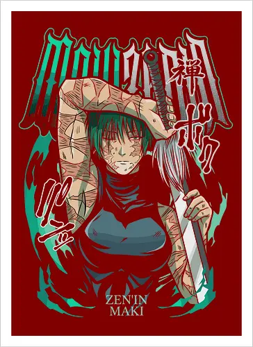 Maki Zenin Cursed Tools Warrior - maki zenin, Jujutsu, cursed tools, weeb, action hero, strong female character, teal aesthetic, anime fan gift - Kunstdruck
