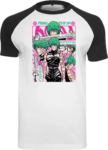 Maki Zenin Restriction Unleashed - maki zenin, Jujutsu, restriction arc, pink and black, powerful female, manga style, otaku gift, shounen anime - Raglan T-Shirt