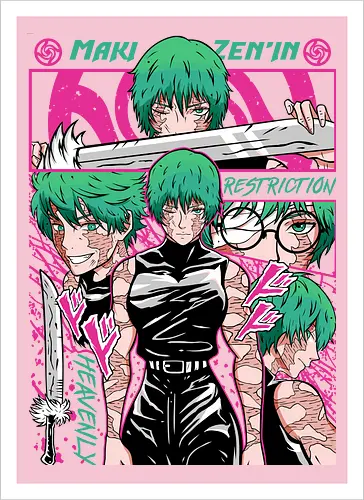 Maki Zenin Restriction Unleashed - maki zenin, Jujutsu, restriction arc, pink and black, powerful female, manga style, otaku gift, shounen anime - Kunstdruck