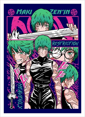 Maki Zenin Restriction Unleashed - maki zenin, Jujutsu, restriction arc, pink and black, powerful female, manga style, otaku gift, shounen anime - Kunstdruck