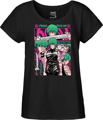 Maki Zenin Restriction Unleashed - maki zenin, Jujutsu, restriction arc, pink and black, powerful female, manga style, otaku gift, shounen anime - Fairtrade Girl Shirt