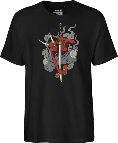 Demon's Descent: The Oni Swordsman - Japanese myth tee, Oni demon shirt, Japanese folklore graphic tee, samurai swordsman apparel, neo traditional tattoo streetwear, red demon katana design, Yokai spirit clothing, dark aesthetic anime fashion, martial arts graphic shirt, edgy alternative merch - Fairtrade T-Shirt