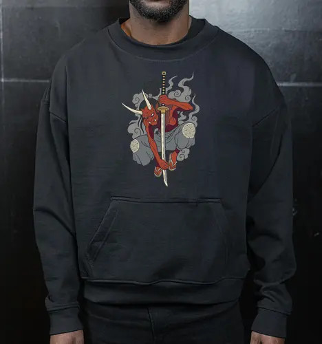 Demon's Descent: The Oni Swordsman - Japanese myth tee, Oni demon shirt, Japanese folklore graphic tee, samurai swordsman apparel, neo traditional tattoo streetwear, red demon katana design, Yokai spirit clothing, dark aesthetic anime fashion, martial arts graphic shirt, edgy alternative merch - Cropped Sweatshirt