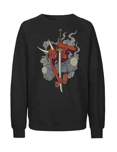 Demon's Descent: The Oni Swordsman - Japanese myth tee, Oni demon shirt, Japanese folklore graphic tee, samurai swordsman apparel, neo traditional tattoo streetwear, red demon katana design, Yokai spirit clothing, dark aesthetic anime fashion, martial arts graphic shirt, edgy alternative merch - Fairtrade Sweatshirt