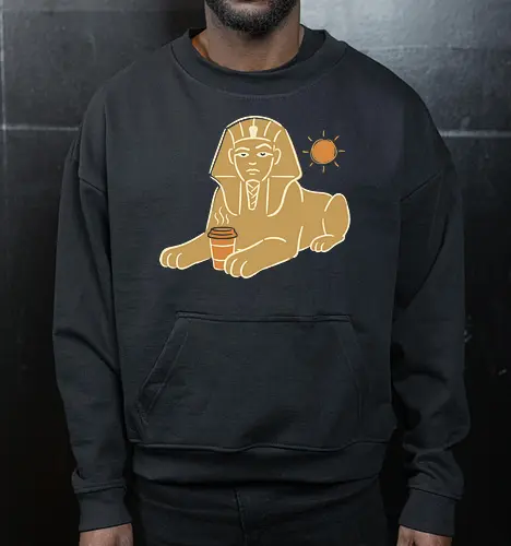 Ancient Caffeine: The Morning Sphinx - funny sphinx shirt, coffee lover graphic tee, ancient egypt apparel, not a morning person tee, minimalist boho clothing, quirky history merch, caffeine addict streetwear, funny pharaoh design, desert aesthetic fashion, sarcastic morning shirt - Cropped Sweatshirt
