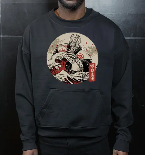 the nightmare samurai  - jasonvoorhees, freddy krueger, friday13th, horror movies, slasher, halloween town, hocus pocus, elmstreet, nightmare, waveoffkanagawa, japanese, shinobi, samurai, horror, halloween - Cropped Sweatshirt