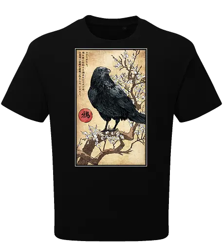 Crow on a Branch - crow, halloween, tree, branch, flowers, japanese art, japan, birds, anime, terror, raven, ukiyo e - Oversize T-Shirt