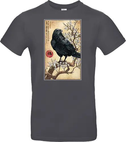 Crow on a Branch - crow, halloween, tree, branch, flowers, japanese art, japan, birds, anime, terror, raven, ukiyo e - Standard T-Shirt