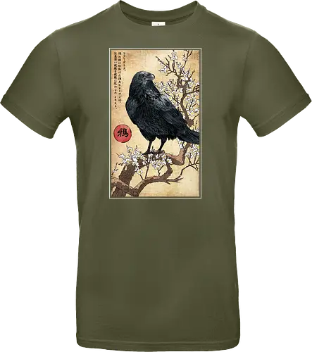 Crow on a Branch - crow, halloween, tree, branch, flowers, japanese art, japan, birds, anime, terror, raven, ukiyo e - Standard T-Shirt