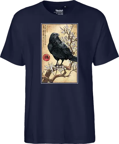 Crow on a Branch - crow, halloween, tree, branch, flowers, japanese art, japan, birds, anime, terror, raven, ukiyo e - Fairtrade T-Shirt