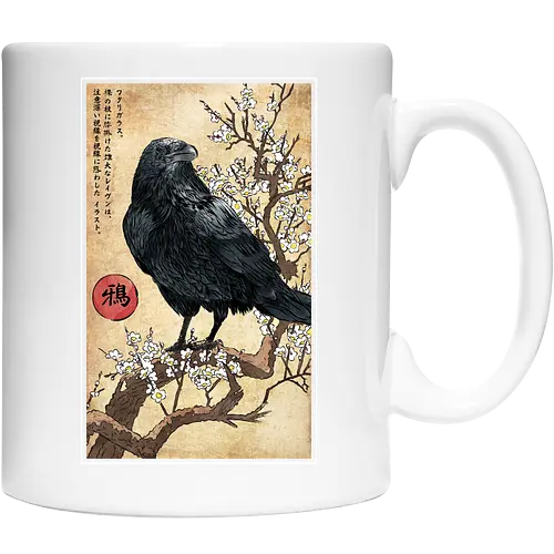 Crow on a Branch - crow, halloween, tree, branch, flowers, japanese art, japan, birds, anime, terror, raven, ukiyo e - Keramiktasse