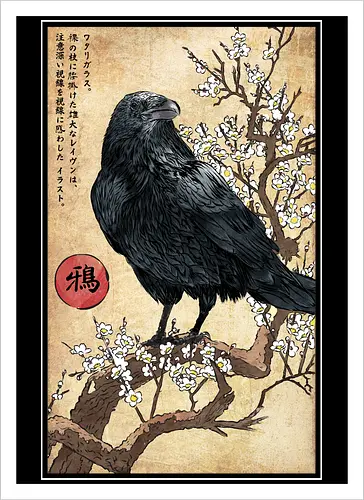 Crow on a Branch - crow, halloween, tree, branch, flowers, japanese art, japan, birds, anime, terror, raven, ukiyo e - Kunstdruck