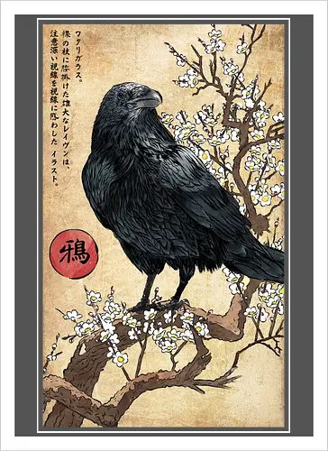 Crow on a Branch - crow, halloween, tree, branch, flowers, japanese art, japan, birds, anime, terror, raven, ukiyo e - Kunstdruck