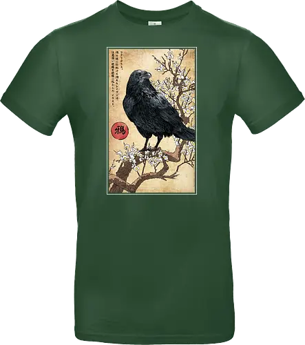 Crow on a Branch - crow, halloween, tree, branch, flowers, japanese art, japan, birds, anime, terror, raven, ukiyo e - Standard T-Shirt