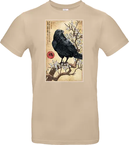 Crow on a Branch - crow, halloween, tree, branch, flowers, japanese art, japan, birds, anime, terror, raven, ukiyo e - Standard T-Shirt