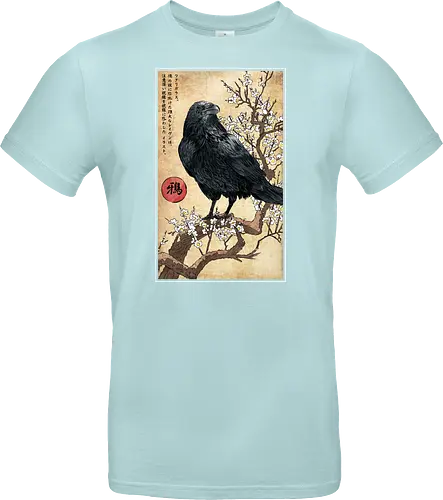 Crow on a Branch - crow, halloween, tree, branch, flowers, japanese art, japan, birds, anime, terror, raven, ukiyo e - Standard T-Shirt