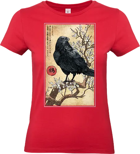 Crow on a Branch - crow, halloween, tree, branch, flowers, japanese art, japan, birds, anime, terror, raven, ukiyo e - Standard T-Shirt (Frauen)