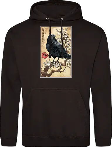 Crow on a Branch - crow, halloween, tree, branch, flowers, japanese art, japan, birds, anime, terror, raven, ukiyo e - Standard Hoodie
