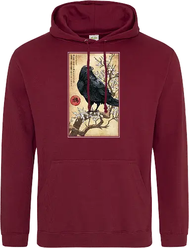 Crow on a Branch - crow, halloween, tree, branch, flowers, japanese art, japan, birds, anime, terror, raven, ukiyo e - Standard Hoodie