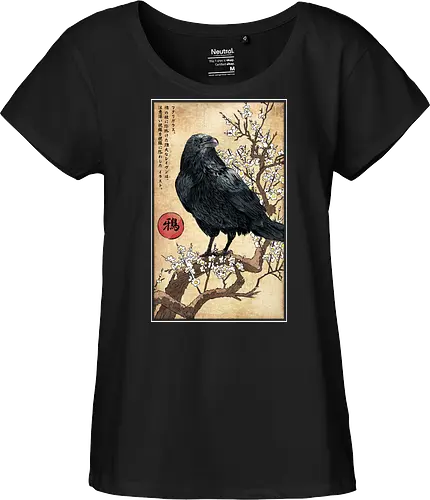 Crow on a Branch - crow, halloween, tree, branch, flowers, japanese art, japan, birds, anime, terror, raven, ukiyo e - Fairtrade Girl Shirt