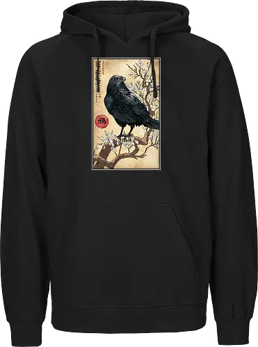Crow on a Branch - crow, halloween, tree, branch, flowers, japanese art, japan, birds, anime, terror, raven, ukiyo e - Fairtrade Hoodie