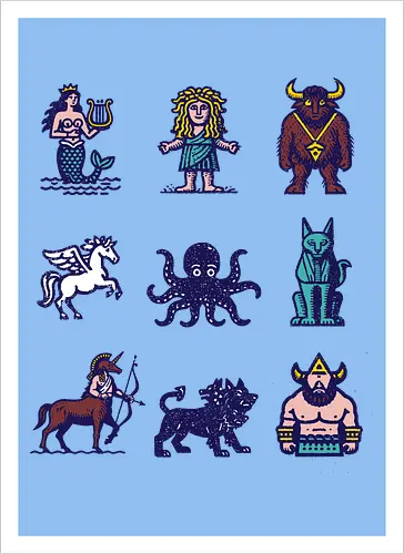 Greek mythological creatures - mermaid, cyclop, centaur, minotaur, sphynx, kraken, vintage - Kunstdruck